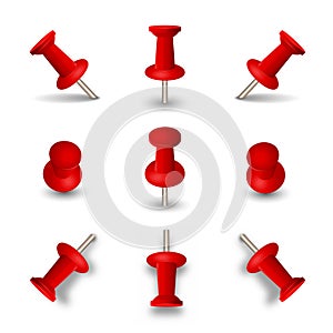 Red push pins isolated on white background. Office thumbtacks or pushpins vector