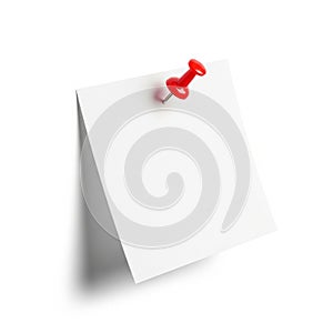 Red Pushpin Securing a Blank White Paper Note on a White Background with Shadow empty