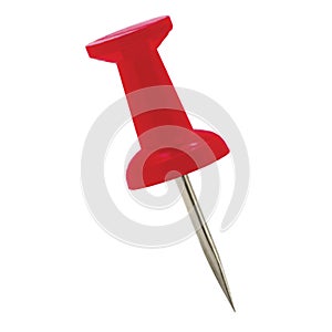 Red pushpin thumbtack drawing pin, isolated push fastening, position indicating concept, large detailed macro closeup