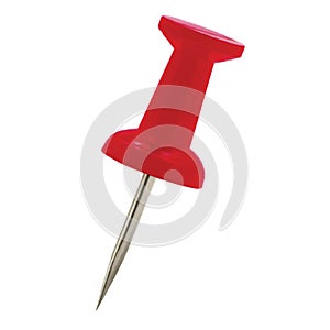 Red pushpin thumbtack drawing pin, isolated push fastening, position indicating concept, large detailed macro closeup