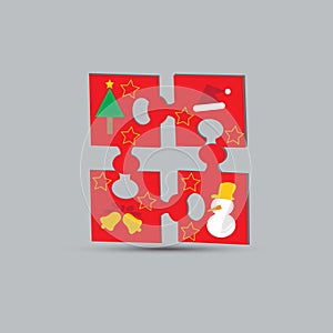 Red puzzle with Christmas symbols like: Christmas tree, star, snowman, bells, Christmas hat