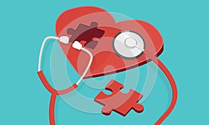 Red puzzle heart with stethoscope isolated blue