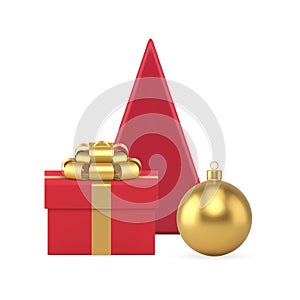 Red pyramid Christmas tree romantic gift box and golden glossy ball toy realistic 3d icon vector