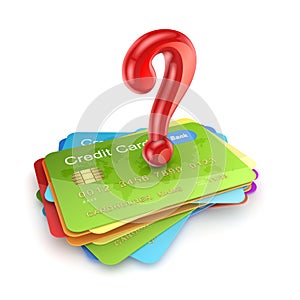 Red query mark on colorful credit cards.