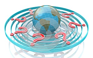 Red query marks around earth globe. Planet surrounded by question marks