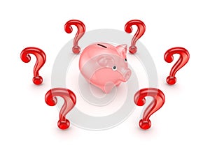 Red query marks around pink piggy bank.
