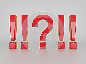 Red question and exclamation marks isolated on white. 3D render.