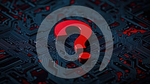 Red Question Mark on Circuit Board Technology Security and Data Mystery