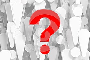 Red Question Mark in Front of A Lot of White Exclamation Marks Background. 3d Rendering