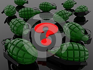 Red question mark between green hand grenades on black