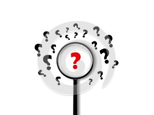 Red Question mark inside the Magnifying Glass, with many others balck questions outside the research loop. Find the right Business