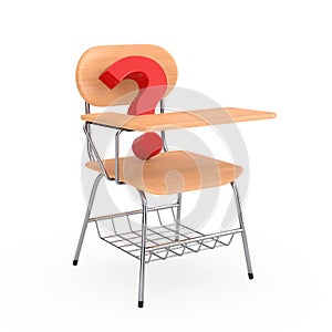 Red Question Mark and Wooden Lecture School or College Desk Table with Chair. 3d Rendering