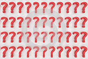 Red question marks on a background of white signs. 3D Rendering image