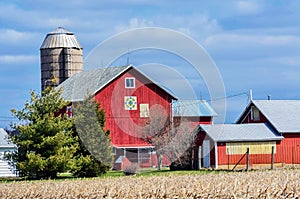 Red Quilt Barn with Evergreen Pine Trees and Silo