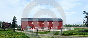 Red quilt Barn with Five Quilts