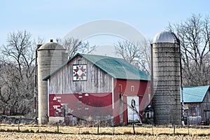 Red Quilt Barn in Wisconsin with Silo