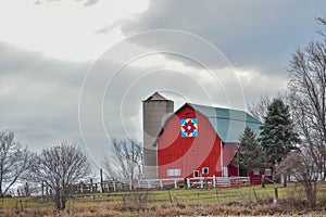 Red Quilt Barn in Wisconsin with Silo