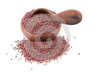Red quinoa seeds in wooden bowl and spoon, isolated on white background. Pile of raw kinwa.