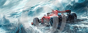 Red race car with dynamic water splashes around simulating high-speed movement. Fast racing