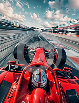 Red race car on the race track with motion blur