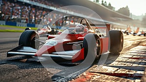 Red race car in sharp focus with sunlit track and competitors in background. Famous racing event