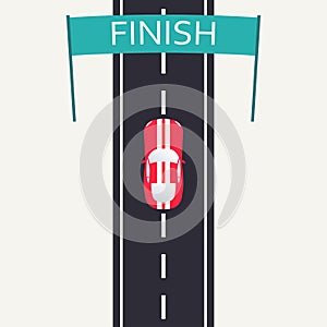 Red racing car crossing the finish line. Car Race design template in flat style with asphalt road and sport car icon. Top view bac