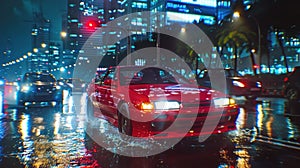 Red racing car with reflections of city night lights on a wet road from the rain