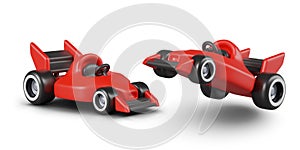 Red racing car stands and speeds forward. High speed vehicle in different positions