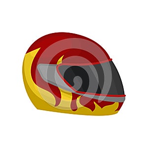 Red racing helmet with flame decal and black visor. Protective headgear for motorcyclist. lat vector icon
