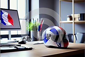 Red racing helmet with France flag for motorbike scooters, sports and touring car driver in modern white office.