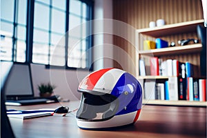 Red racing helmet with France flag for motorbike scooters, sports and touring car driver in modern white office.