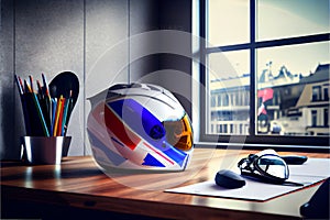 Red racing helmet with France flag for motorbike scooters, sports and touring car driver in modern white office.