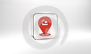 Red Racing helmet icon isolated on grey background. Extreme sport. Sport equipment. Glass square button. 3d illustration