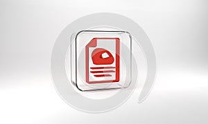 Red Racing helmet icon isolated on grey background. Extreme sport. Sport equipment. Glass square button. 3d illustration