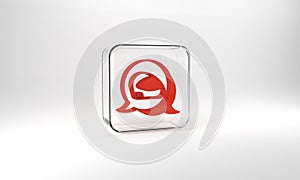 Red Racing helmet icon isolated on grey background. Extreme sport. Sport equipment. Glass square button. 3d illustration