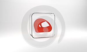 Red Racing helmet icon isolated on grey background. Extreme sport. Sport equipment. Glass square button. 3d illustration