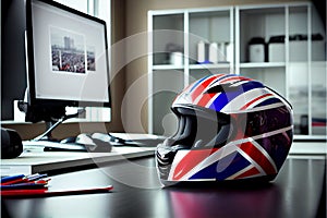 Red racing helmet with Union Flag (Jack) for motorbike scooters, sports and touring car driver in modern white