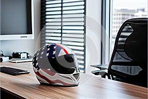 Red racing helmet with USA flag for motorbike scooters, sports and touring car driver in modern white office.