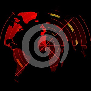 Red radar screen with map op the world