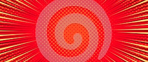Red radial dotted comic background. Speed lines wallpaper with pop art halftone texture. Anime cartoon yellow rays