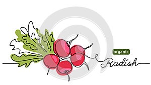 Red radish bundle, bunch. Vector illustration, label, background. One line drawing art illustration with lettering