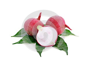 Red radish  sliced with leaf isolated on the white