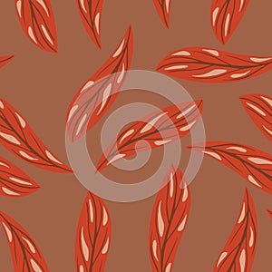 Red random simple doodle leaf seamless pattern in hand drawn style. Beige background. Scrapbook print