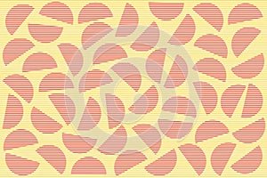 Red random striped semicircles on yellow background. Abstract geometric pattern in retro style for fabric print, textile, decor