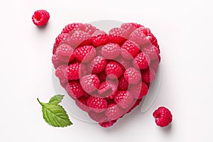 Red raspberries forming a heart shape on a white background