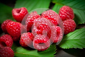 Red raspberries heap on green leaves closeup. Generate ai