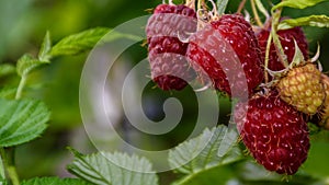 Raspberries hanging on  branch