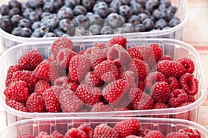 Red raspberries. A plastic tray with several raspberries. Raspberry.