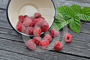 Red raspberries in a white bowl