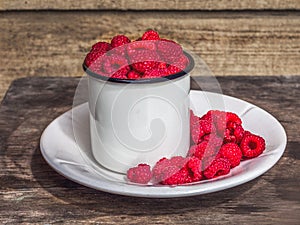 Red raspberries in a white mug standing on a white plate